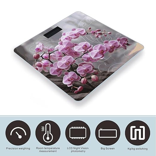 Pink Orchid Scale for Body Weight Anti-Slip Sturdy Tempered Glass Weighing Machine Highly Digital Accurate Bright LCD Bathroom Scale for Household Gift