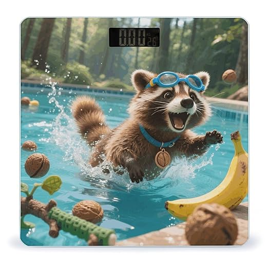 Raccoon Pool Dash Weight Scale Cute Bathroom Scale for Body Highly Accurate Digital Weighing Machine for People Compact LCD Display Scales with Sturdy Toughened Glass Scales