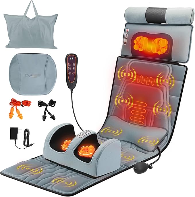 Full Body Massage Mat with Heat &amp Movable Shiatsu Neck Back Massager Pillow &amp Foot Massager Massage Mattress Pad with Top Pillow &amp Lumbar Support 12 Vibration Motors9 Massage Modes &amp