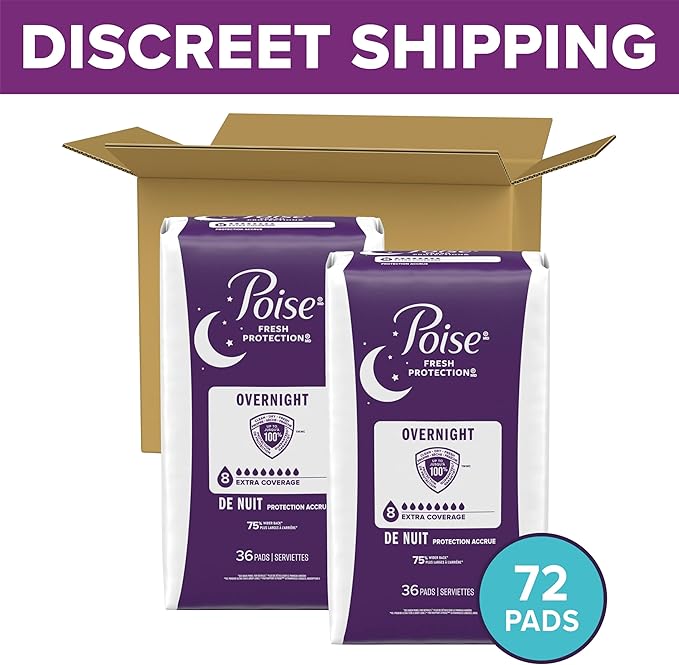 Poise Overnight Incontinence &amp Postpartum Pads for Bladder Leaks 8 Drop Extra Coverage 72 Count (2 Packs of 36) Packaging May Vary