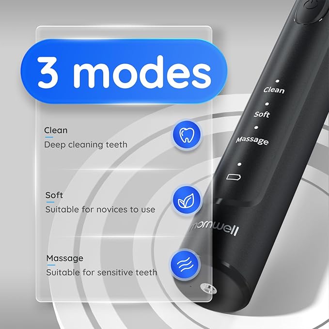 mornwell Electric Toothbrush USB Fast Charging 3 Modes Rotary Toothbrushes Rechargeable Spin Toothbrushes with 4 Round Brush Heads for Adults &amp Kids (Over 8 Years Old)