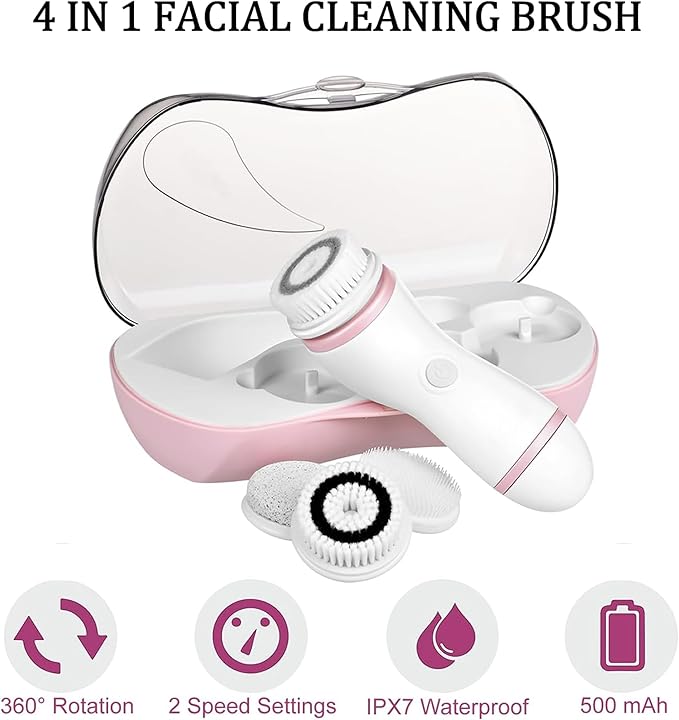 Facial Cleansing Brush 4 in 1 Electric Face Scrubber with Travel Case and 4 Brush Heads Waterproof Facial Cleansing Spin Brush for Gentle Exfoliation and Deep Cleaning (Pink)