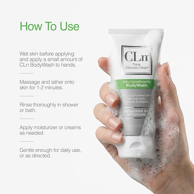 CLn® BodyWash –Non-Drying Body Wash Preserved with Sodium Hypochlorite For Compromised Skin Prone to Eczema Dermatitis Rash &amp Hidradenitis Suppurativa Fragrance-Free &amp Paraben-Free 3 fl o