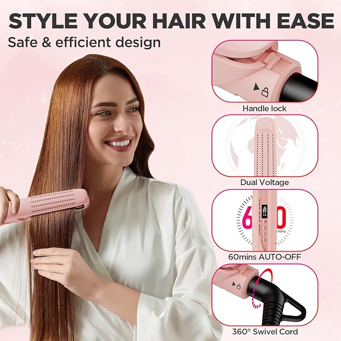 MiroPure 360° Airflow Styler Curling Iron Titanium Flat Iron Hair Straightener and Curler 2 in 1 Professional Curing Wand with Ionic Aroma Cool Air 13 Adjustable Temps Dual Voltage for Long Hair
