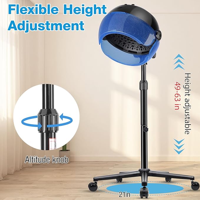 Hooded Hair Dryer 1500W Standing Hair Dryer with Time Settings Touch Controls and 3 Temperature Modes Height Adjustable Ionic Hooded Dryer Professional Hooded Dryer for Home or Salon Use