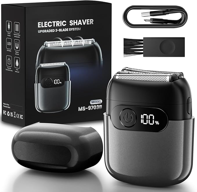Electric Foil Shaver for Men 3D Floating Blade Razor with LED Display IPX8 Waterproof Wet/Dry Shaver USB-C Quick Charge &amp Travel Lock Includes Cleaning Brush Deep Gray