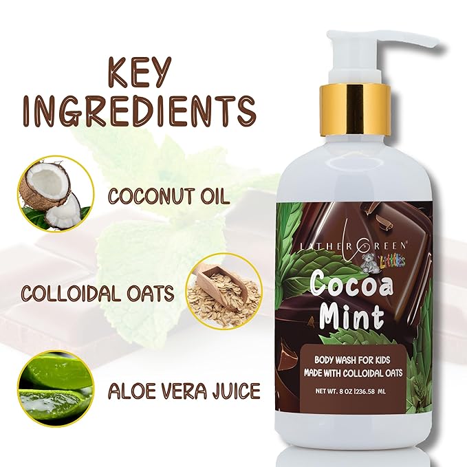 Kids Body Wash – Plant Based Gentle Moisturizer with Shea Butter – Safe for Sensitive Skin – Cocoa Mint – 3 Pack (8 oz Each)
