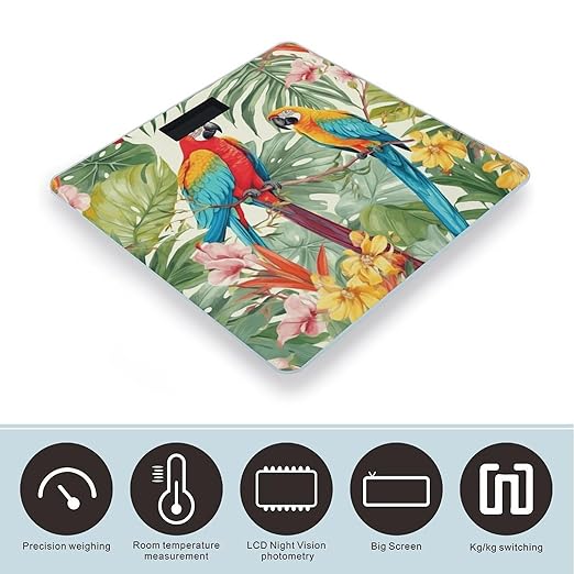 Tropical Plants and Parrots Bathroom Scale Large LCD Backlight Display Digital Scale Rounded Corners Body Scales Automatic Power On/Off Bathroom Scales for Home Bedrooms