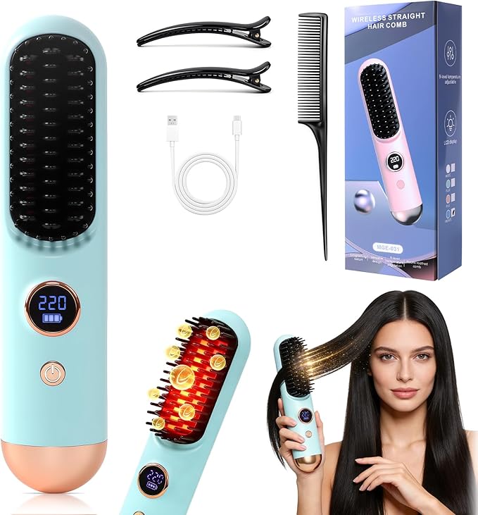 2026 Hair Straightener Brush Cordless Hair Straightener Brush for Short Hair Mini Portable Straightening Hair Comb Brush with 9 Temps Fast Heating for Women Travel Size Hair Styling Tool (Blue)