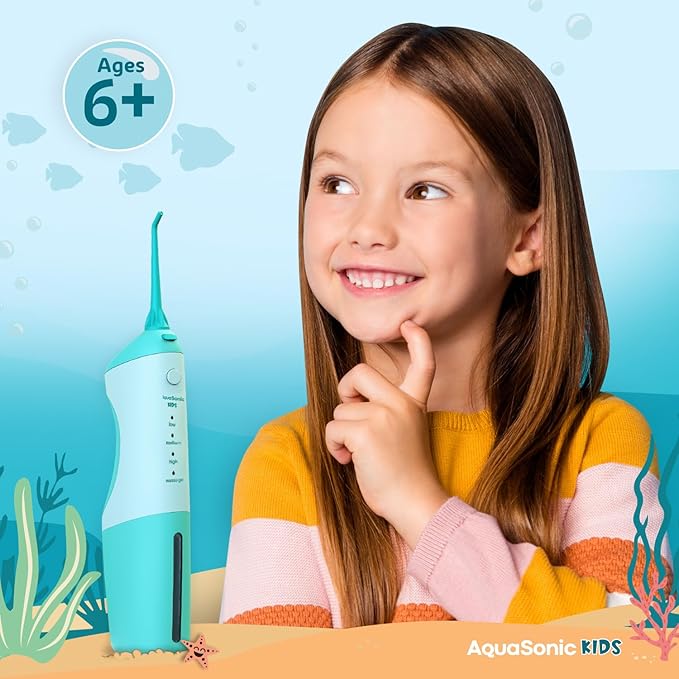 AquaSonic Kids' Water Flosser for Ages 6+ | Standard Nozzle Orthodontic Nozzle &amp Waterproof Stickers | 4 Flossing Modes | Aquarium Adventures Theme (Blue)