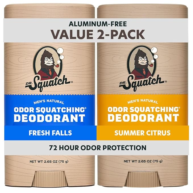 Dr. Squatch Natural Men’s Deodorant – Aluminum Free Natural Deodorant Men with Charcoal &amp Postbiotics for 72-Hour Odor Protection – Fresh Falls + Summer Citrus 2.65oz Stick (2-Pack)