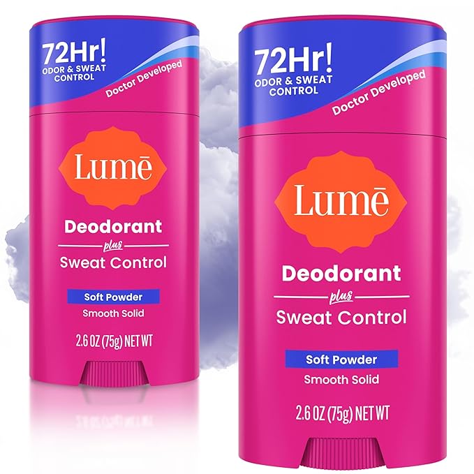 Lume Deodorant Plus Sweat Control - Smooth Solid Stick - Extra Strength Antiperspirant - 72 Hour Odor And Sweat Control - Baking Soda Free Skin Loving - 2.6 ounce (Soft Powder) Pack of 2