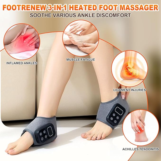 Foot Advanced Triple Method Massager 3-in-1 Heated Foot &amp Ankle Wrap Triple Technology Foot Massager Ankle 3-Speed &amp 5-Temperature Portable Foots Renew Massager for Home Travel Use (1pc)