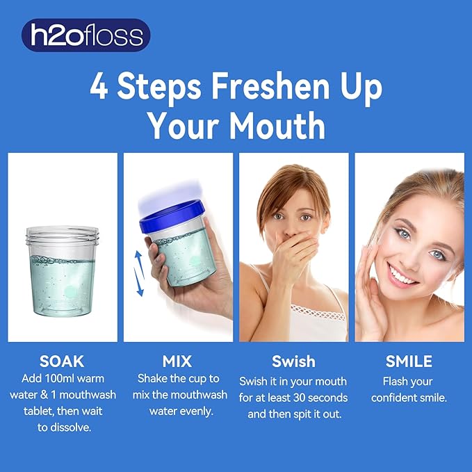 H2ofloss Rechargeable Water Dental Flosser and Mouthwash Tablets Bundle for Complete Oral Care and Long-Lasting Fresh Breath