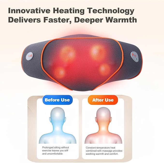 Shiatsu Neck and Back Massager Pillow with Heat Cordless Electric Deep Tissue Massage for Shoulder Comfort &amp Posture Support Rechargeable Portable Full Body Masajeador