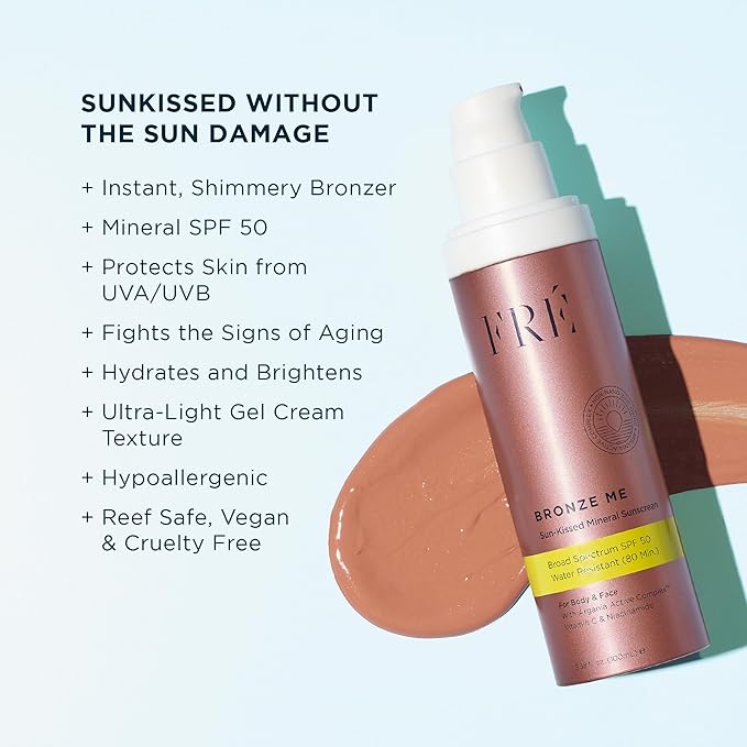 FRÉ Bronze Me SPF 50 – Tinted Mineral Sunscreen for Face &amp Body Instant Shimmery Tan Multitasking Self-Tanner &amp Skincare Reef-Safe Vegan