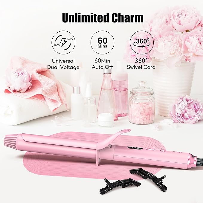 FARERY Long Barrel Curling Iron 1 1/4 inch 1.25 Inch Curling Iron for Thin Hair Infused Argan Oil &amp Keratin 11 Adjustable Temp Include Clips &amp Silicone Pad Pink