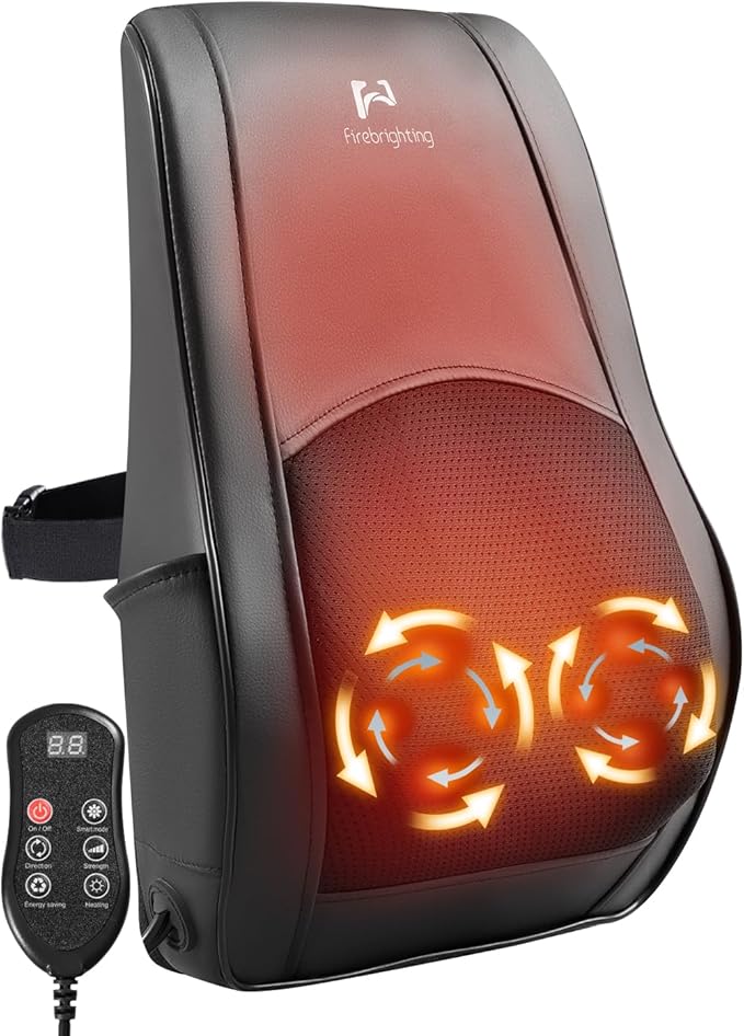 Firebrighting Electric Back Massager with Heat for Office Chair - Shiatsu Deep Kneading Massage Pillow Back Comfort Support for Meetings and Reading Adjustable StrapGifts for Dad Mom Men Women