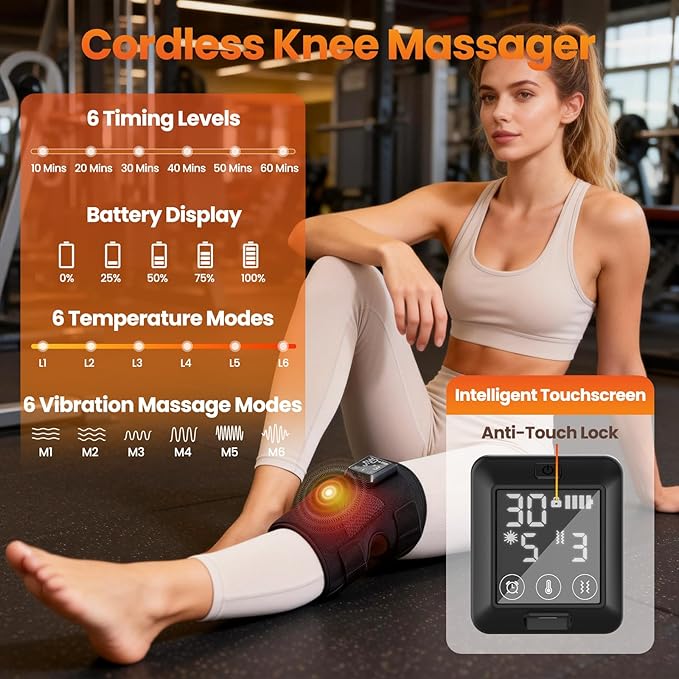 Knee Massager 5000mAh Knee Heating Pad with 6 Heat &amp 6 Vibration Massage Heated Knee Brace for Knee Pain Relief Arthritis Gifts for Seniors Women Men(Single)
