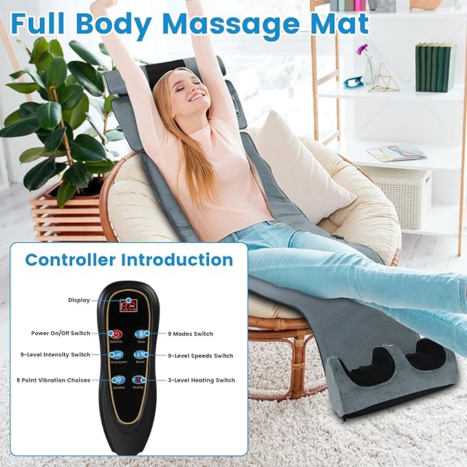 Moclever Full Body Massage Mat with HeatElectric Massage Pad for Back NeckFoot Lumbar Support3 Heated Levels 10 Vibrating Nodes W/Head PillowCloth Lumbar PillowTimer Anti-Slip Bottom Earplugs