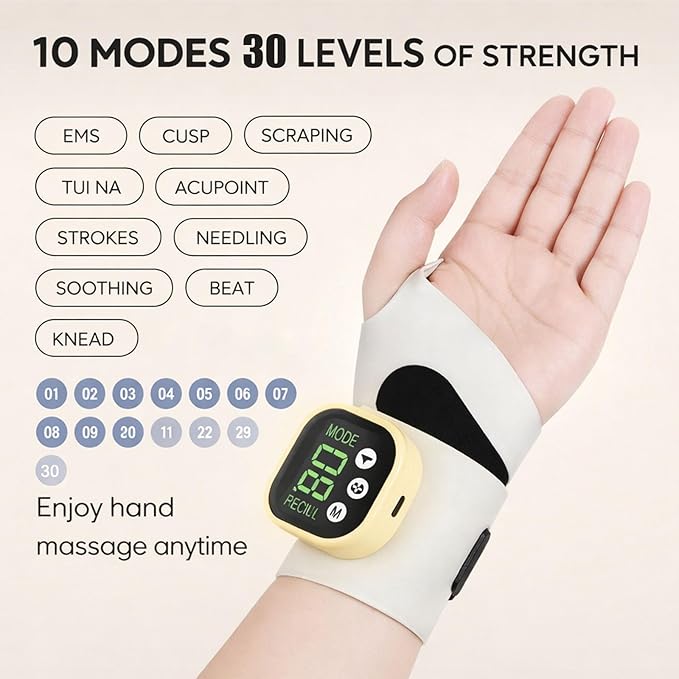 Rechargeable Electric Wrist Massager Portable Hand Heating Pad with 8 Modes &amp 30 Intensity Levels Wrist Massage Machine Wearable Hand Heating Pad for Daily &amp Sports (White) (White)