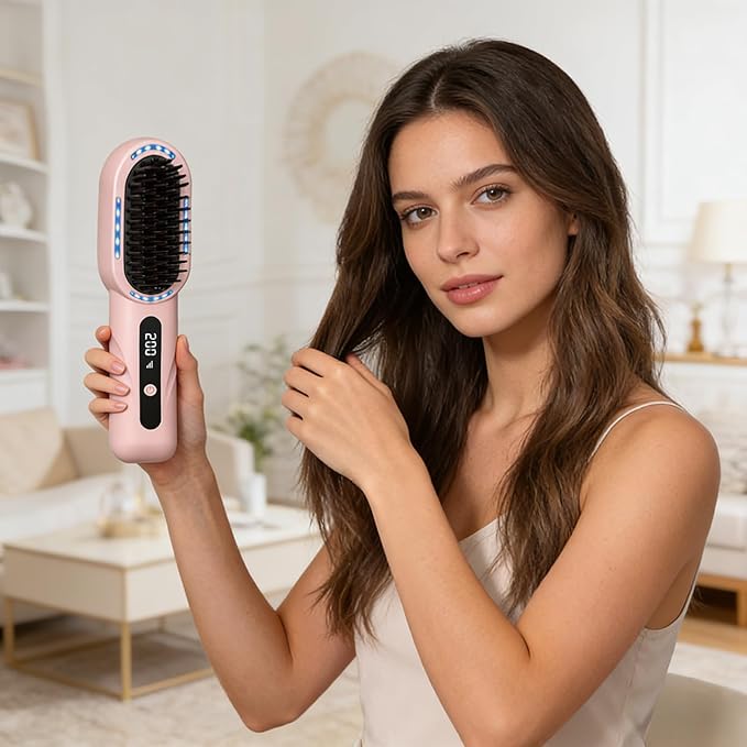 Hair Straightener Brush Portable Cordless Hair Styling Comb with LED Display for Home and Travel (02)