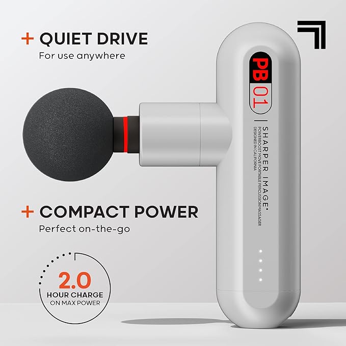 Sharper Image Powerboost Move - Mini Percussion Massage Gun| 4 Attachments 4 Speeds FSA Eligible| Full Body Back &amp Shoulder Massager| Deep Tissue Muscle Recovery| Portable Pain Relief Massage To
