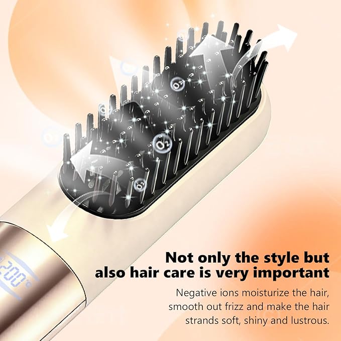 Go Brush Pro 2026 Hair Straightener 3-Temperature Fast Heating Ceramic Ionic Hair Brush Portable Frizz Control Styling Tool for Women Beige