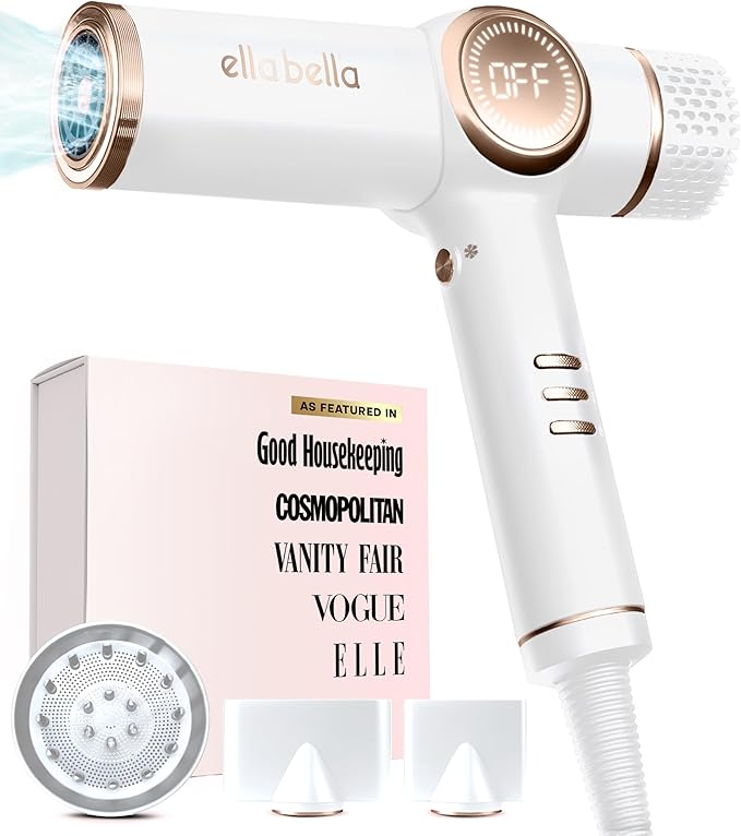 ELLA BELLA® Professional Ionic Hair Dryer with Diffuser • Negative Ion Blow Dryer • Suitable All Hair Types • Intelligent Heat Control &amp Rapid Drying Speeds • Lightweight Design • Low Noise Techno