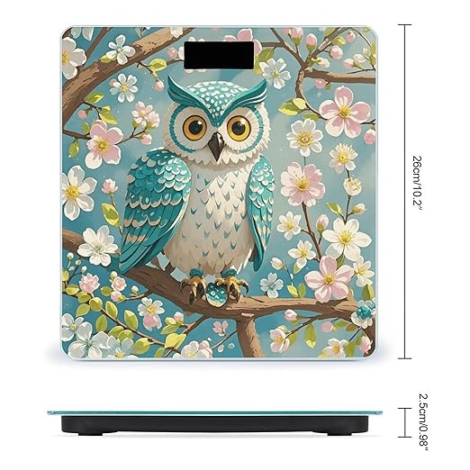 Owl Spring Flowers Turquoise Digital Bathroom Scale for Body Weight Weighing Scale with Backlit LCD Display High Precision Measurements &amp Measures Weight Up to 180kg
