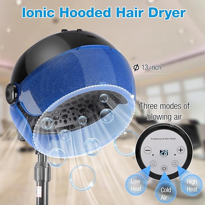 Hooded Hair Dryer 1500W Standing Hair Dryer with Time Settings Touch Controls and 3 Temperature Modes Height Adjustable Ionic Hooded Dryer Professional Hooded Dryer for Home or Salon Use