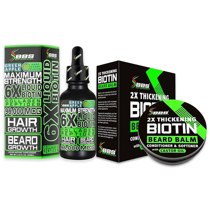 Beard Growth Kit w/ 2X Thickening Biotin Beard Balm &amp Conditioner + 6X Liquid Biotin w/ Collagen Peptides for Men's Beard &amp Hair Growth
