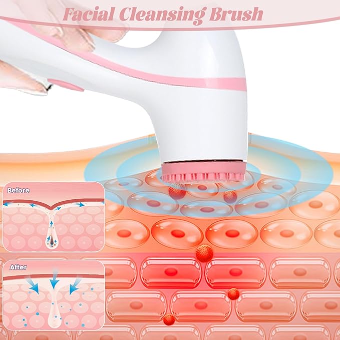 Facial Cleansing Brush 3in1 Silicone Face Scrubber Waterproof Facial Scrubber for Deep Cleansing Rechargeable Face Exfoliation Brush with 2 Adjustable Speeds Face Spin Brush for Women Men (Pink)