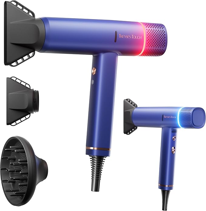Ionic Hair Dryer with Diffuser and Concentrator Professional Lightweight Quiet Blow Dryer Powerful 1600 Watt Motor for Fast Drying and Straight &amp Wavy Hair 3 Temps/2 Speeds 6.56 Ft Cord Blue