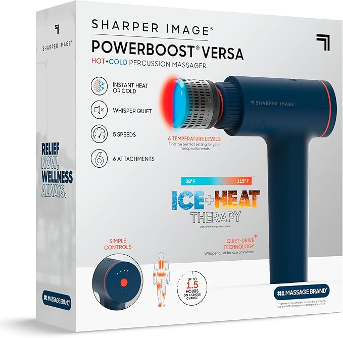 Sharper Image Deep Tissue Percussion Massage Gun Powerboost Versa Hot &amp Cold Rechargeable Handheld Massager 5 Adjustable Speeds 6 Attachment Heads &amp Carrying Case for Muscle Pain Relief B