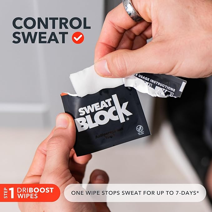 SweatBlock Maximum Clinical Strength Antiperspirant and Deodorant System for Men and Women Hyperhidrosis Aid for Excessive Sweating and Odor 10 DRIBOOST Wipes plus Sandalwood Deodorant Stick 2.7 oz