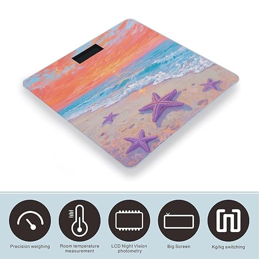 Sunlit Beach &amp Starfish Weight Scale Large Digital Bathroom Scales with Bright LED Display Non Slip Digital Scale and Step On Fashion Weighing Machine for Body