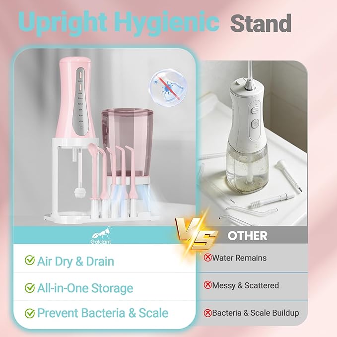 2026 New 350ML Water Flosser with Drainage &amp Storage Stand Keeps Dry &amp Clean 5 Modes 360°Nozzle Cordless Rechargeable IPX7 Waterproof Portable for Home &amp Travel (Pink)