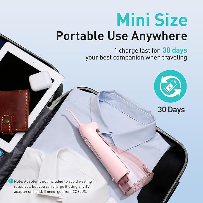 COSLUS Water Dental Flosser Teeth Pick C20(F5020E): Portable Cordless Oral Irrigator 300ML Rechargeable Travel Irrigation Cleaner IPX7 Waterproof Electric Flossing Machine for Teeth Cleaning Pink