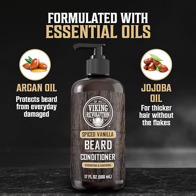 Viking Revolution Spiced Vanilla Beard Conditioner for Men with Argan Oil and Jojoba Oil - Beard Softener and Strengthener Natural Beard Conditioner with Beard Oil - Beard Care Moisturizer (17oz)