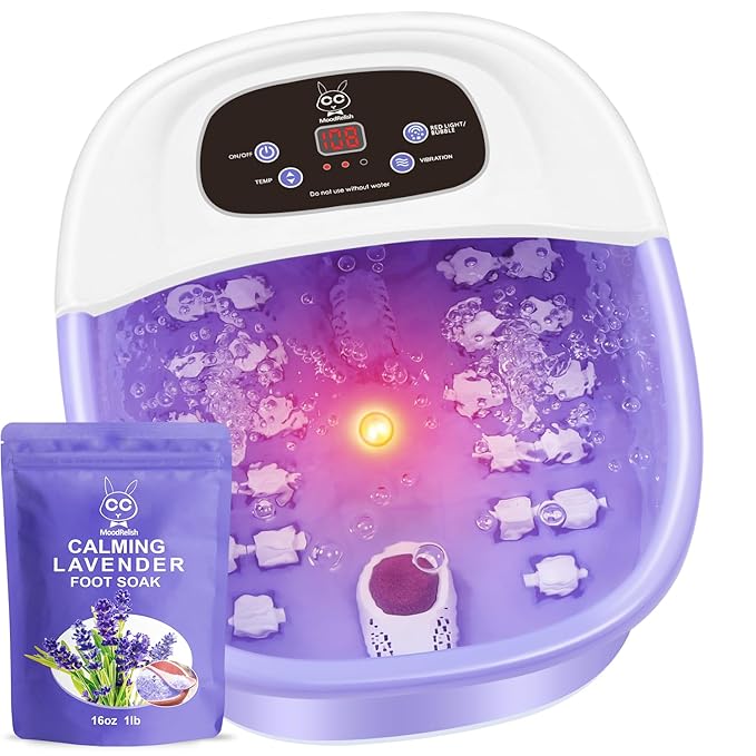 Foot Spa Bath Massager with Heat Bubbles and Vibration Massage and Jets 16 OZ Calming Lavender Foot Soak Epsom Salt MoodRelish Foot Soaker With Red Light 22 Massage Rollers Adjustable Temp -Purple