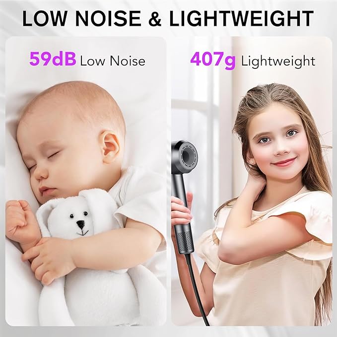 aowoka Hair Dryer 160000 RPM Professional High Speed Ionic Blow Dryer 500 Million Negative Ions &amp Heat-Control &amp Low Noise Hairdryer for Faster Drying No Heat Damage Travel with Diffuser（Gr