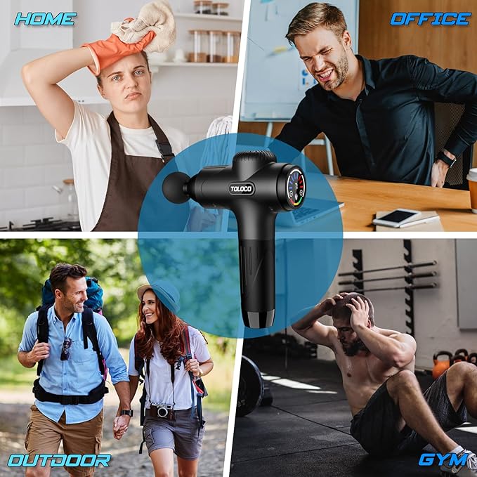 TOLOCO Massage Gun Deep Tissue Percussion Massage Gun with 10 Replacement Heads Super Quiet Portable Electric Massager for Athletes Relax Black