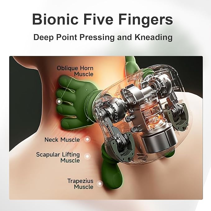 Bionic Heated Massager Wireless Portable Shiatsu Neck and Back Massager Electric Deep Tissue 4D Kneading Massage Simulated Human Hand Design for Pain Relief and Muscle Relax (Green)