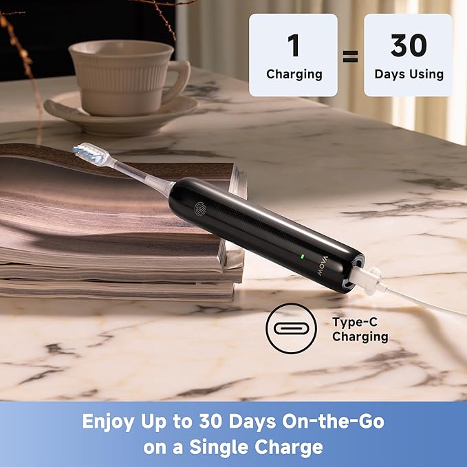 Mova Fresh SweepDrive Electric Toothbrush Rechargeable Electric Power Toothbrush for Adults Intuitive Pressure Sensing 3-in-1 Replacement Brush Head with Holder 30 Days of Battery Life Black