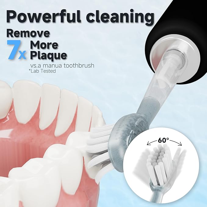 New Wave Oscillating Electric Toothbrush Vibrating Wave Oral Brush IPX7 Waterproof Type-C Gifts for Adults and Kids Includes 3 Brush Heads and Wall Mount Bracket Black