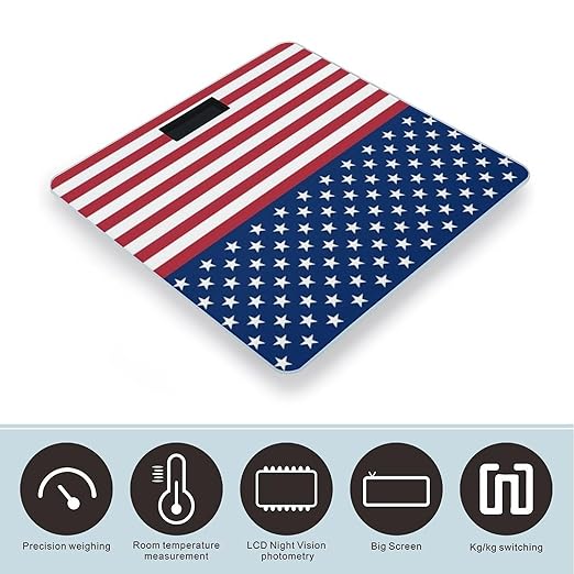 American Flag Stars Stripes Scale for Body Weight Anti-Slip Sturdy Tempered Glass Weighing Machine Highly Digital Accurate Bright LCD Bathroom Scale for Household Gift