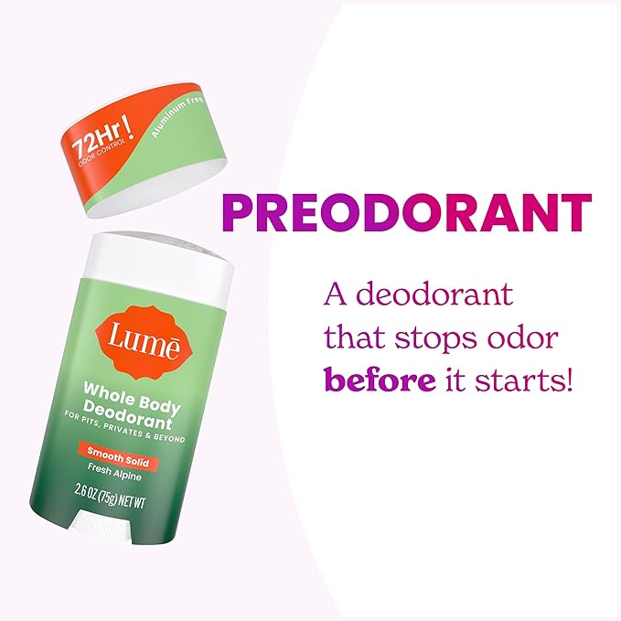 Lume Whole Body Deodorant - Smooth Solid Stick - 72 Hour Odor Control - Doctor Developed - Aluminum Free Baking Soda Free and Skin Loving - 2.6 Ounce (Pack of 2) (Fresh Alpine)