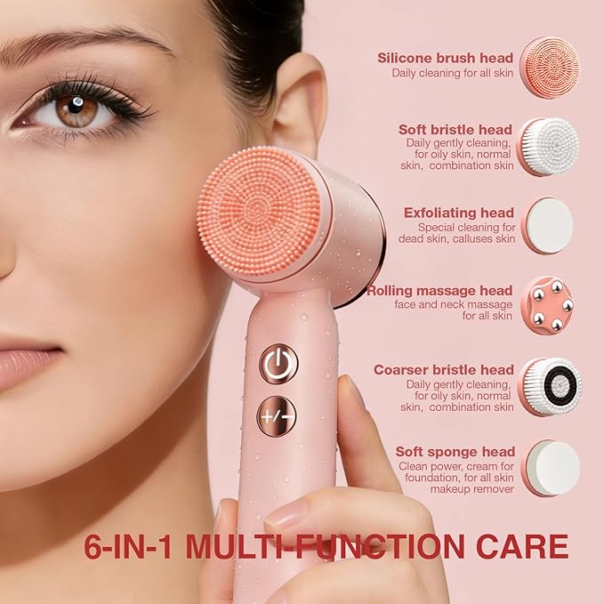 Electric Face Scrubber with Led Display &amp Facial Cleansing Brush - 6-in-1 Exfoliating Kit 3 Speeds IPX6 Waterproof Face Brush for Deep Cleaning Massage &amp Gentle Exfoliation-Pink