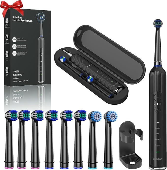 Rotating Electric Toothbrush for Adults with 8 Brush Heads Travel Case 5 Modes Rechargeable Power Toothbrush with Smart TimerUSB-C Charge 50-Day Battery Life 3 Intensity R05(Black)